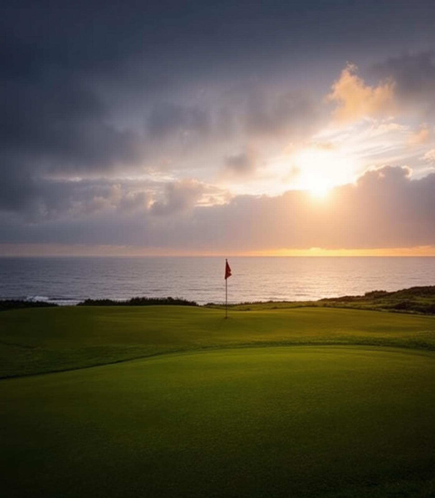 Coastal links golf course at sunset