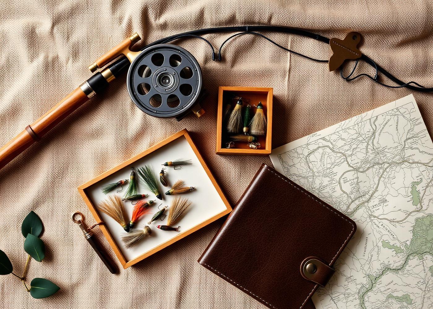 Fly fishing gear flat lay on linen