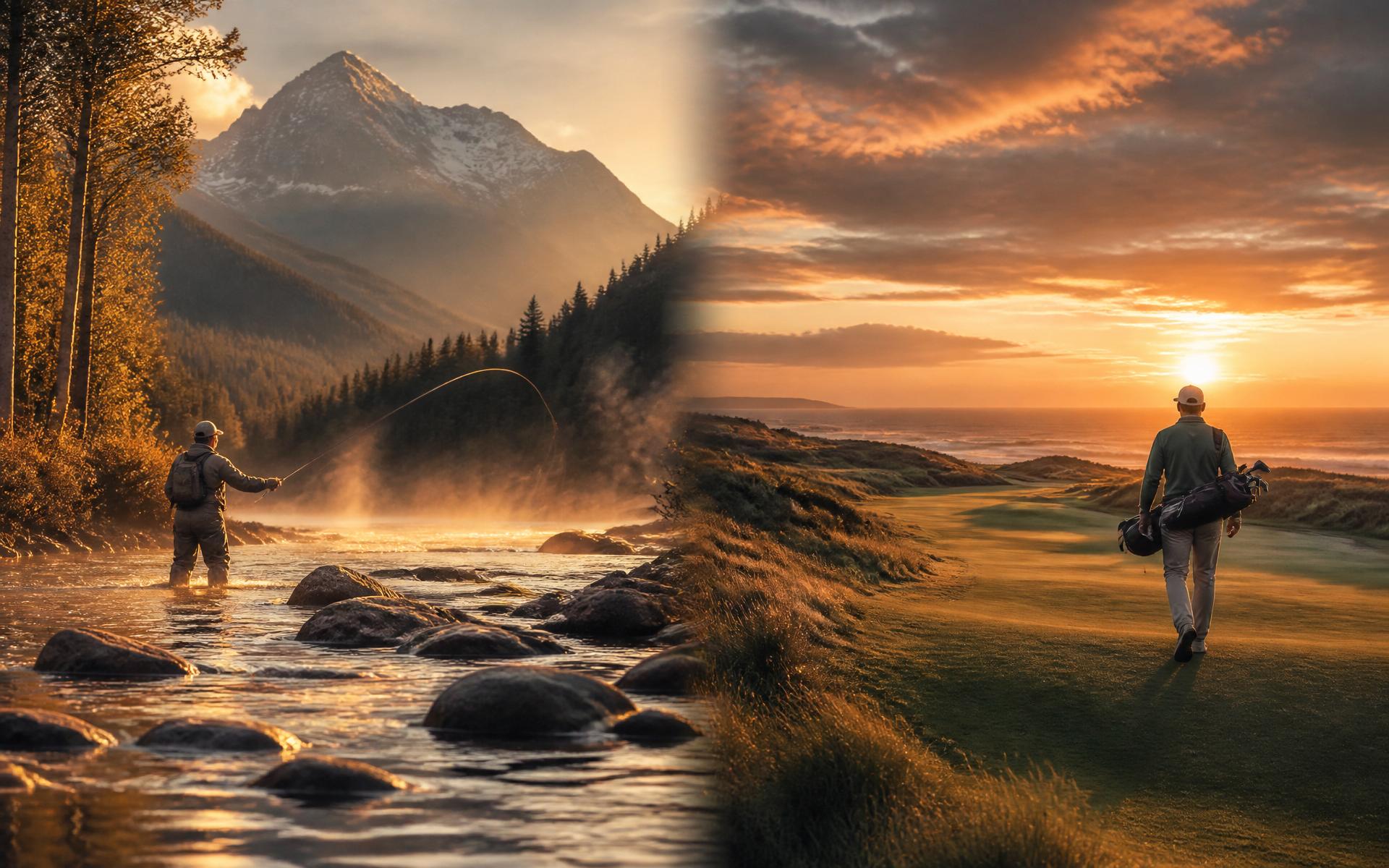 Fly fisherman on a mountain stream at golden hour beside a coastal links golf course at sunset